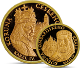 Čtyři koruny Karla IV. - zlaté a stříbrné pamětní medaile